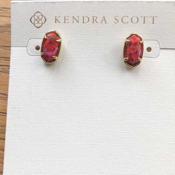 Kendra Scott Grayson Bronze Veined Red Fuchsia Magnesite Stud Earrings NWT - Picture 8 of 14